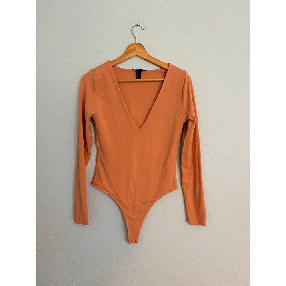 Forever 21 Bodysuit Large Peach Orange Long Sleeve V-Neck Stretch Minimalist